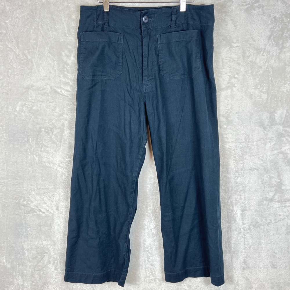 Maeve Anthropologie The Colette Pants 14 Navy Linen Blend High Rise Wide Leg